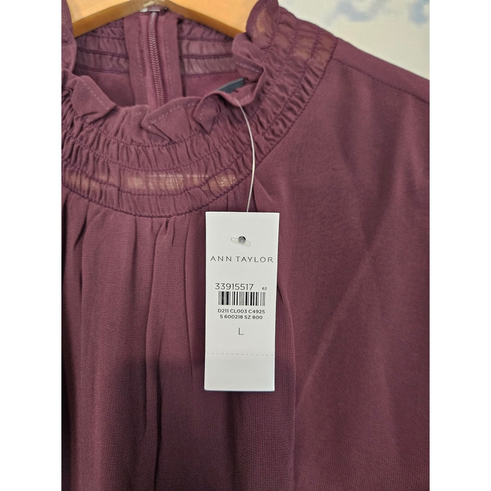 NWT Ann Taylor Blouse Size L Burgundy Smocked Mock Neck Ruffle Sheer Sleeve - Picture 3 of 8
